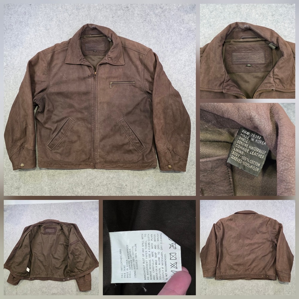 Vintage Timberland Jacket Mens XL Brown Leather Bomber Waterproof Full Zip 1997
